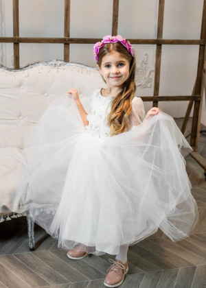Elbow Sleeves Beaded Ivory Lace Tulle Flower Girl Dress